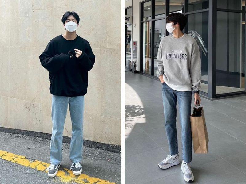 Phối sweater với quần jeans trơn và giày sneaker Phối với quần jeans trơn và giày sneaker