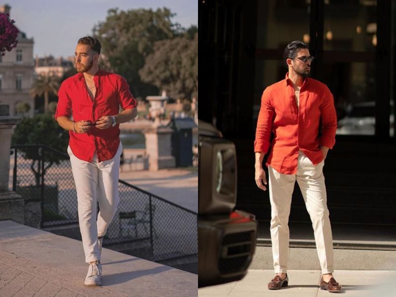 Áo đỏ phối với quần tây trắng Áo đỏ phối với quần tây trắng