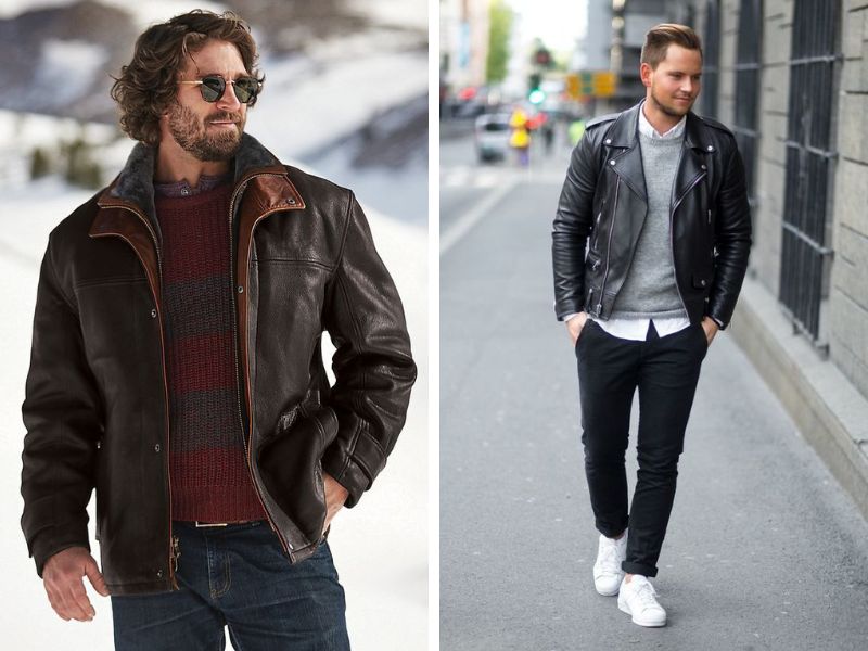 Phối đồ với áo sweater nam và áo khoác da Phối áo sweater nam và áo khoác da