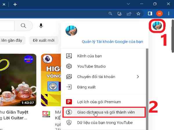 Nhấp vào biểu tượng ảnh đại diện ở góc trên bên phải, chọn Giao dịch mua và gói thành viên. Nhấp vào biểu tượng ảnh đại diện ở góc trên bên phải, chọn Giao dịch mua và gói thành viên.