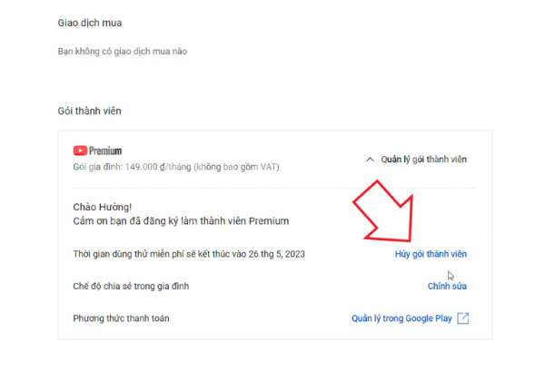 Nhấn Hủy gói thành viên. Nhấn Hủy gói thành viên.