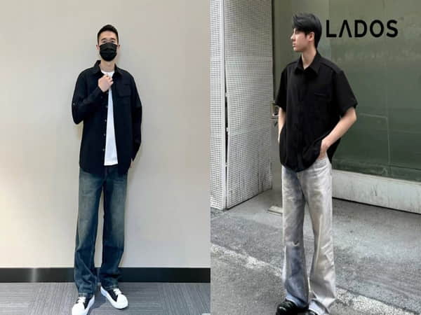 Quần jean + sơ mi đen + phụ kiện đồng hồ/nhẫn đơn giản